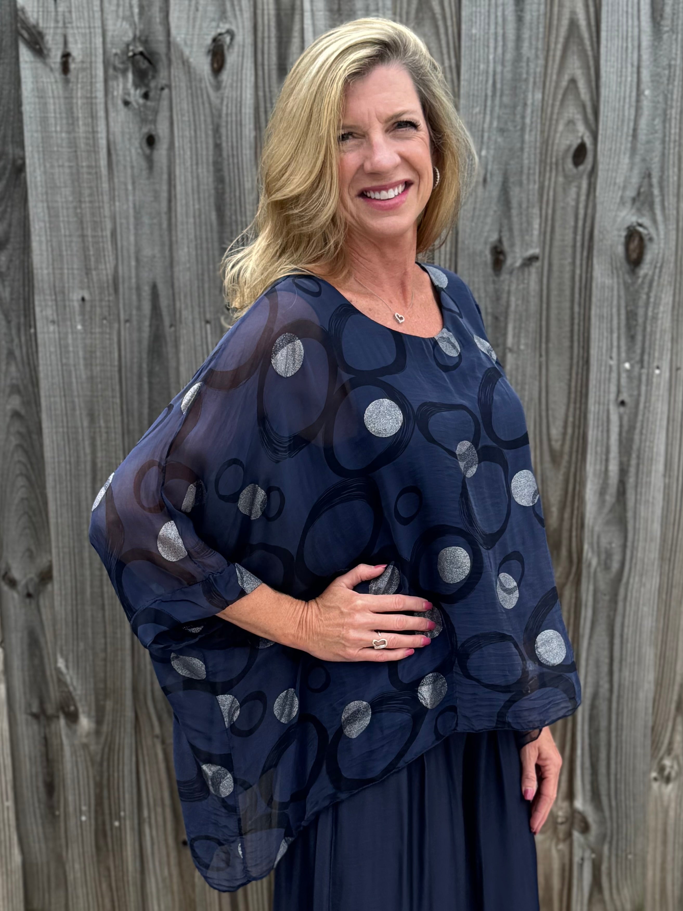 Silk Circles Kaftan in navy at ooh la la! in Grapevine TX 76051