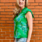 Floral embroidered top, green ruffle blouse, V-neck summer top, women's boho clothing, embroidered floral shirt, ruffle sleeve top, woven summer blouse.
ooh la la! in Grapevine TX 76051