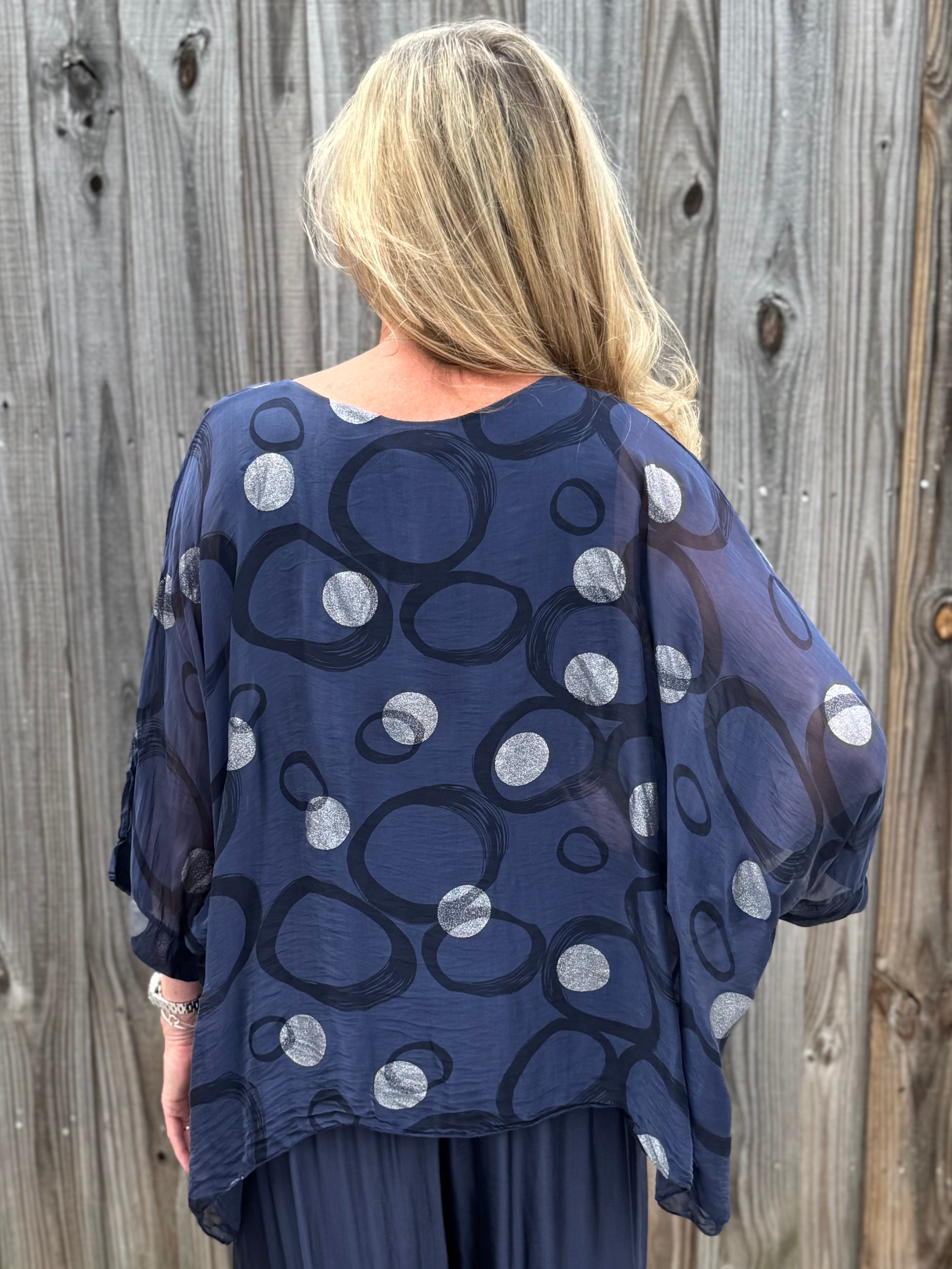 Silk Circles Kaftan in navy at ooh la la! in Grapevine TX 76051