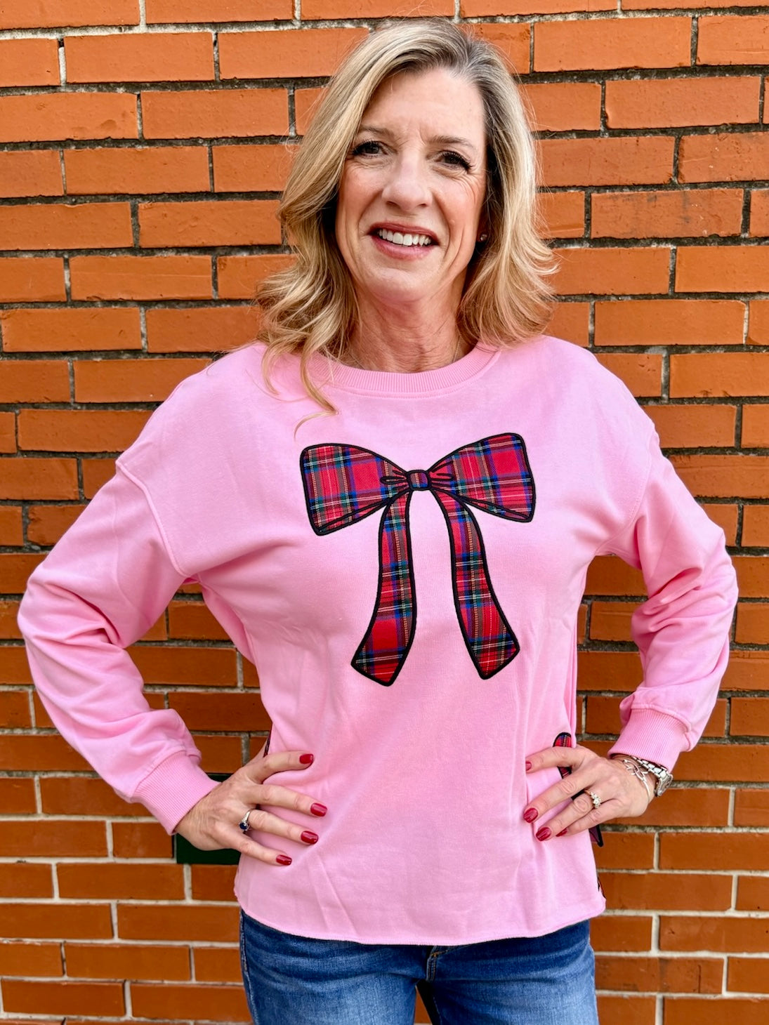 Simply Southern Plaid Bows Applique Sweatshirt in pink at ooh la la! in Grapevine TX 76051