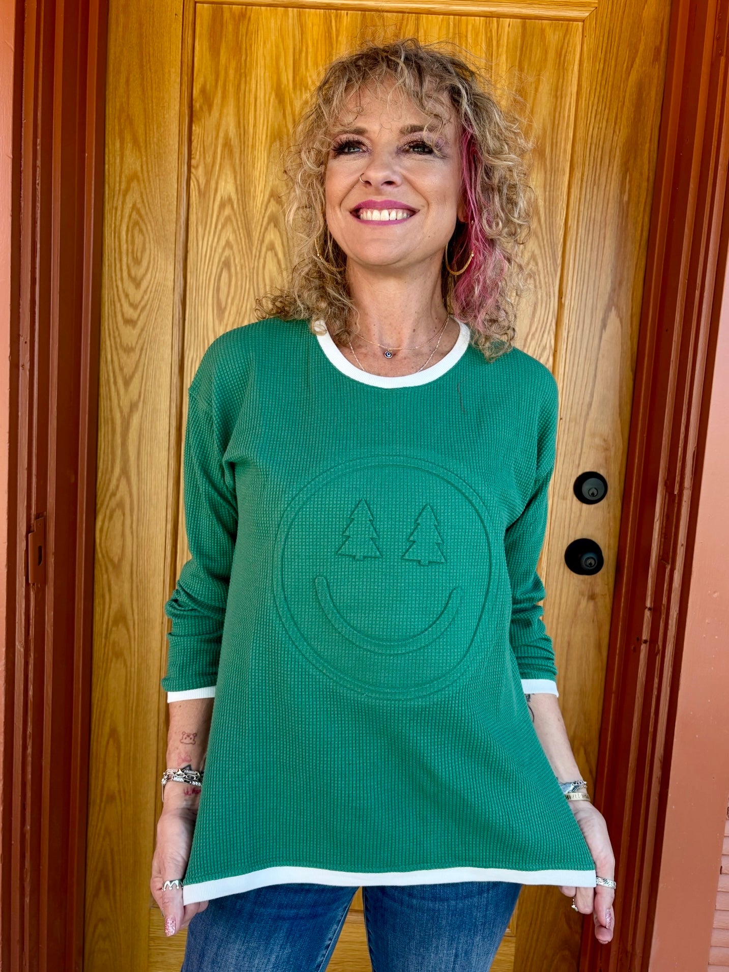 Happy Holiday Trees Embossed Waffle Sweatshirt in green at ooh la la! in Grapevine TX 76051