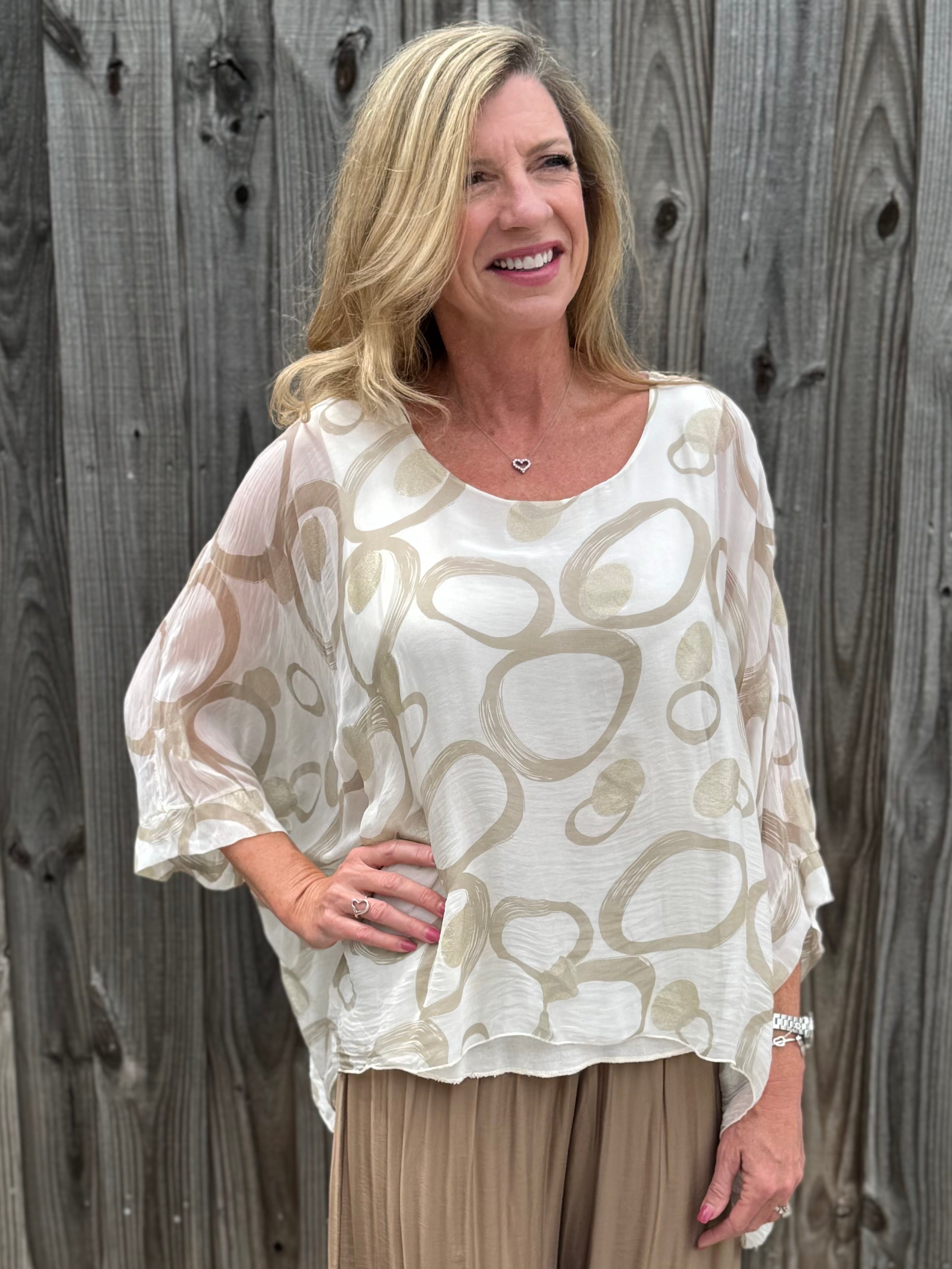 Silk Circles Kaftan in beige at ooh la la! in Grapevine TX 76051