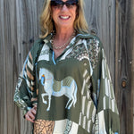 Made in Italy Satin Long Sleeve Horse Print Blouse in Olive at ooh la la! in Grapevine TX 76051
