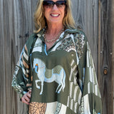 Made in Italy Satin Long Sleeve Horse Print Blouse in Olive at ooh la la! in Grapevine TX 76051