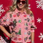 Queen of Sparkles Light Pink & Red Stripe Christmas Icons Cotton Button Up Top at ooh la la! in Grapevine TX 76051