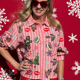 Queen of Sparkles Light Pink & Red Stripe Christmas Icons Cotton Button Up Top at ooh la la! in Grapevine TX 76051