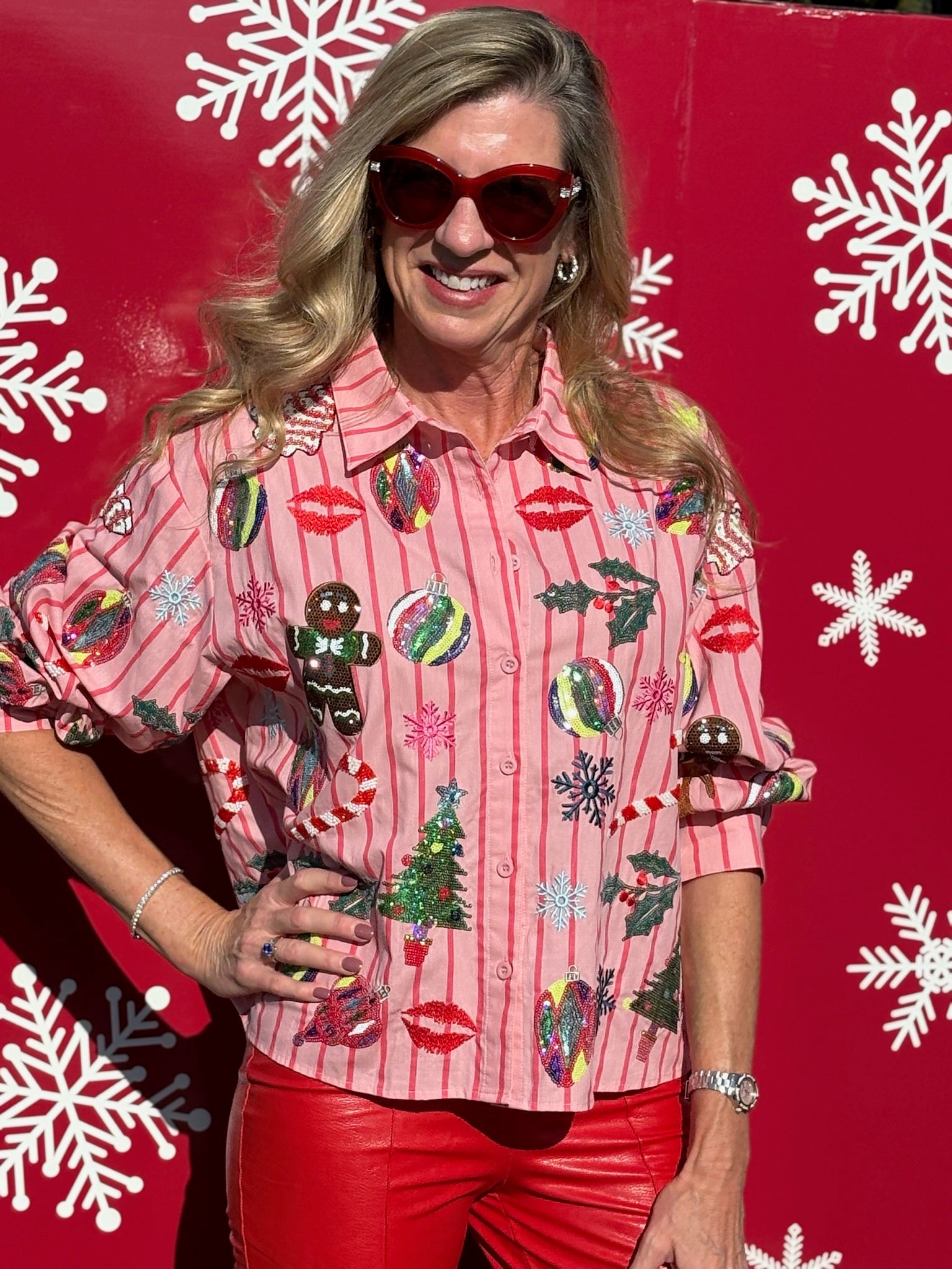 Queen of Sparkles Light Pink & Red Stripe Christmas Icons Cotton Button Up Top at ooh la la! in Grapevine TX 76051