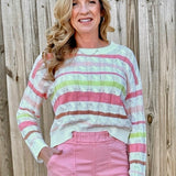 Stripe Pullover Cable Knit Cotton Sweater