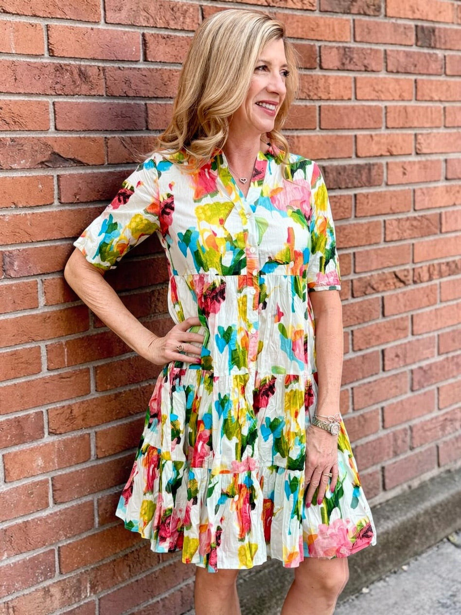 Organic cotton dress, floral shirt dress, tiered summer dress, Dress Addict, crinkle cotton dress, sustainable fashion, abstract floral print, summer dresses with pockets. at ooh la la! in Grapevine TX 76051
