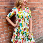 Organic cotton dress, floral shirt dress, tiered summer dress, Dress Addict, crinkle cotton dress, sustainable fashion, abstract floral print, summer dresses with pockets. at ooh la la! in Grapevine TX 76051