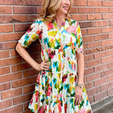 Organic cotton dress, floral shirt dress, tiered summer dress, Dress Addict, crinkle cotton dress, sustainable fashion, abstract floral print, summer dresses with pockets. at ooh la la! in Grapevine TX 76051