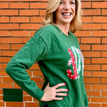 Christmas Joy Quilted Applique Rounded Bottom Sweatshirt in green at ooh la la! in Grapevine TX 76051