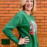 Christmas Joy Quilted Applique Rounded Bottom Sweatshirt in green at ooh la la! in Grapevine TX 76051