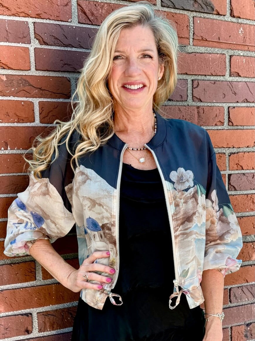 Santorini Print Sheer Bomber Jacket in black at ooh la la! in Grapevine TX 76051