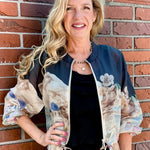 Santorini Print Sheer Bomber Jacket in black at ooh la la! in Grapevine TX 76051