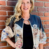 Santorini Print Sheer Bomber Jacket in black at ooh la la! in Grapevine TX 76051