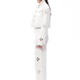 Pearl-Embellished Petal Cutout Straight Leg Jeans