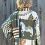 Made in Italy Satin Long Sleeve Horse Print Blouse in Olive at ooh la la! in Grapevine TX 76051
