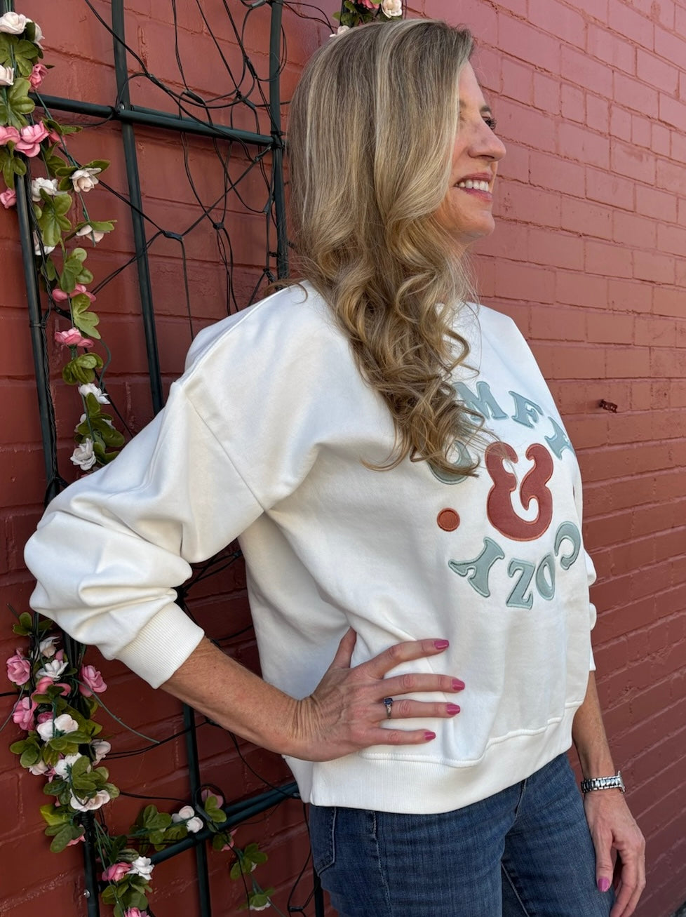Comfy & Cozy Appliqué Sweatshirt at ooh la la! in Grapevine TX 76051