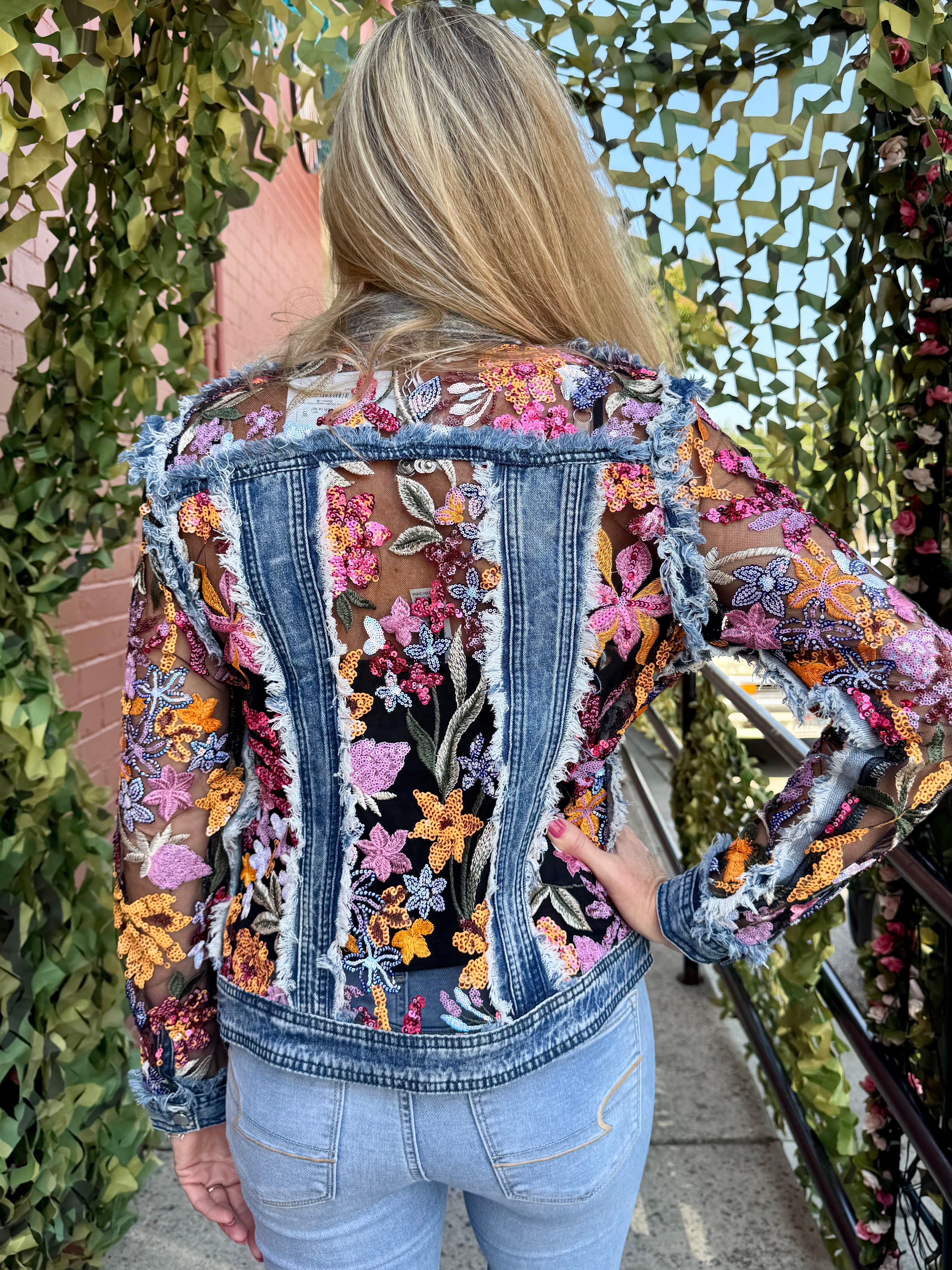 Adore Denim Jacket With Sequin Lace at Ooh La La! in Grapevine TX 76051