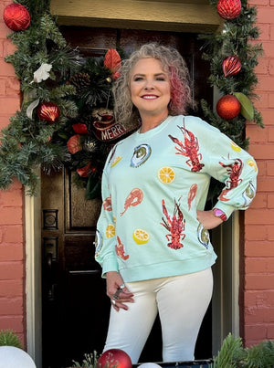 Queen of Sparkles Mint Queen of Seafood Sweatshirt at ooh la la! in Grapevine TX 76051