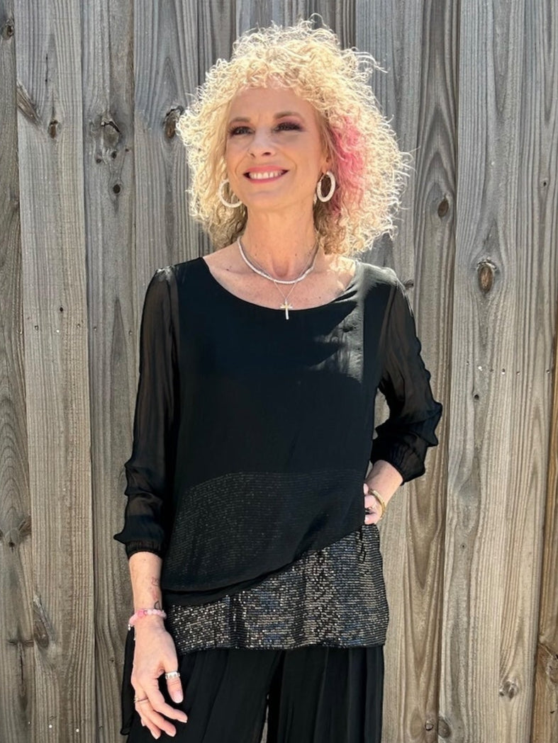 Silk Tunic & Pants w/ Sequin Detail in black at ooh la la! in Grapevine TX 76051
