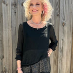 Silk Tunic & Pants w/ Sequin Detail in black at ooh la la! in Grapevine TX 76051