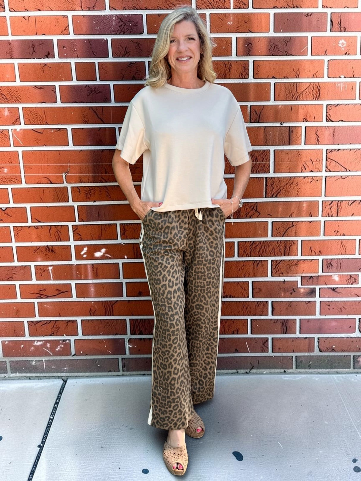 Mocha Leopard with Beige Racing Side Stripe Pant at ooh la la! in Grapevine TX 76051