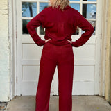 Aeson Button-Up Blouse and Harmon pant in Salem’s Door (burgundy) at ooh la la! in Grapevine TX 76051