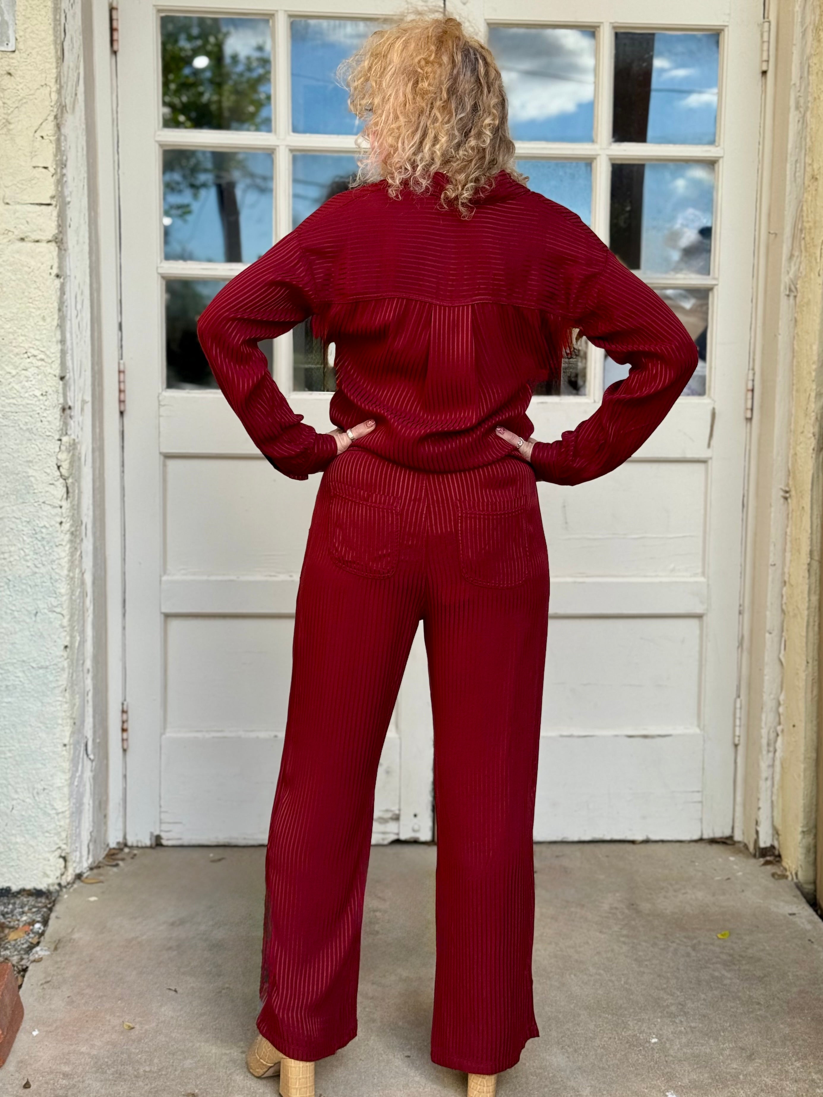 Aeson Button-Up Blouse and Harmon pant in Salem’s Door (burgundy) at ooh la la! in Grapevine TX 76051