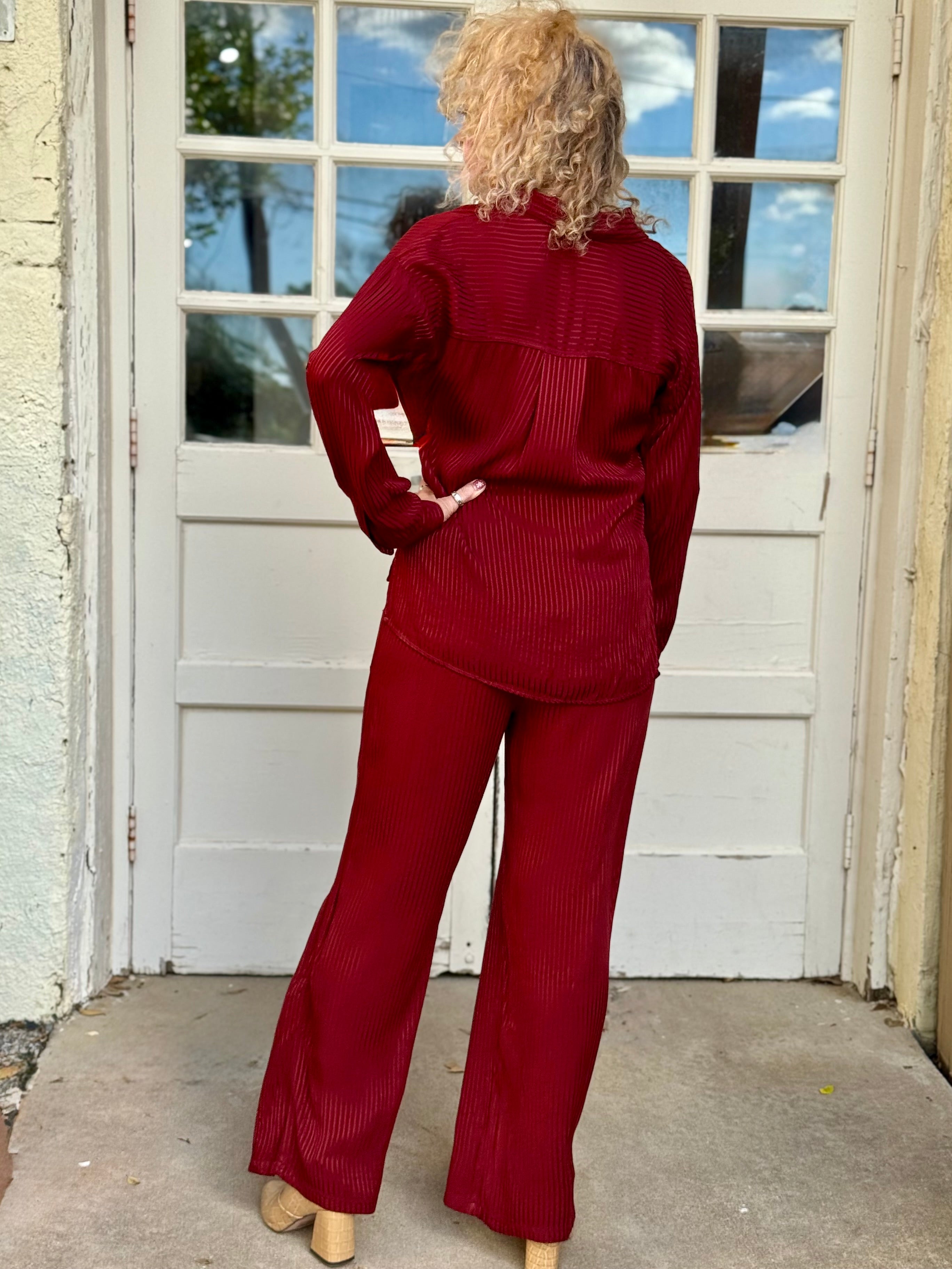 Aeson Button-Up Blouse and Harmon pant in Salem’s Door (burgundy) at ooh la la! in Grapevine TX 76051