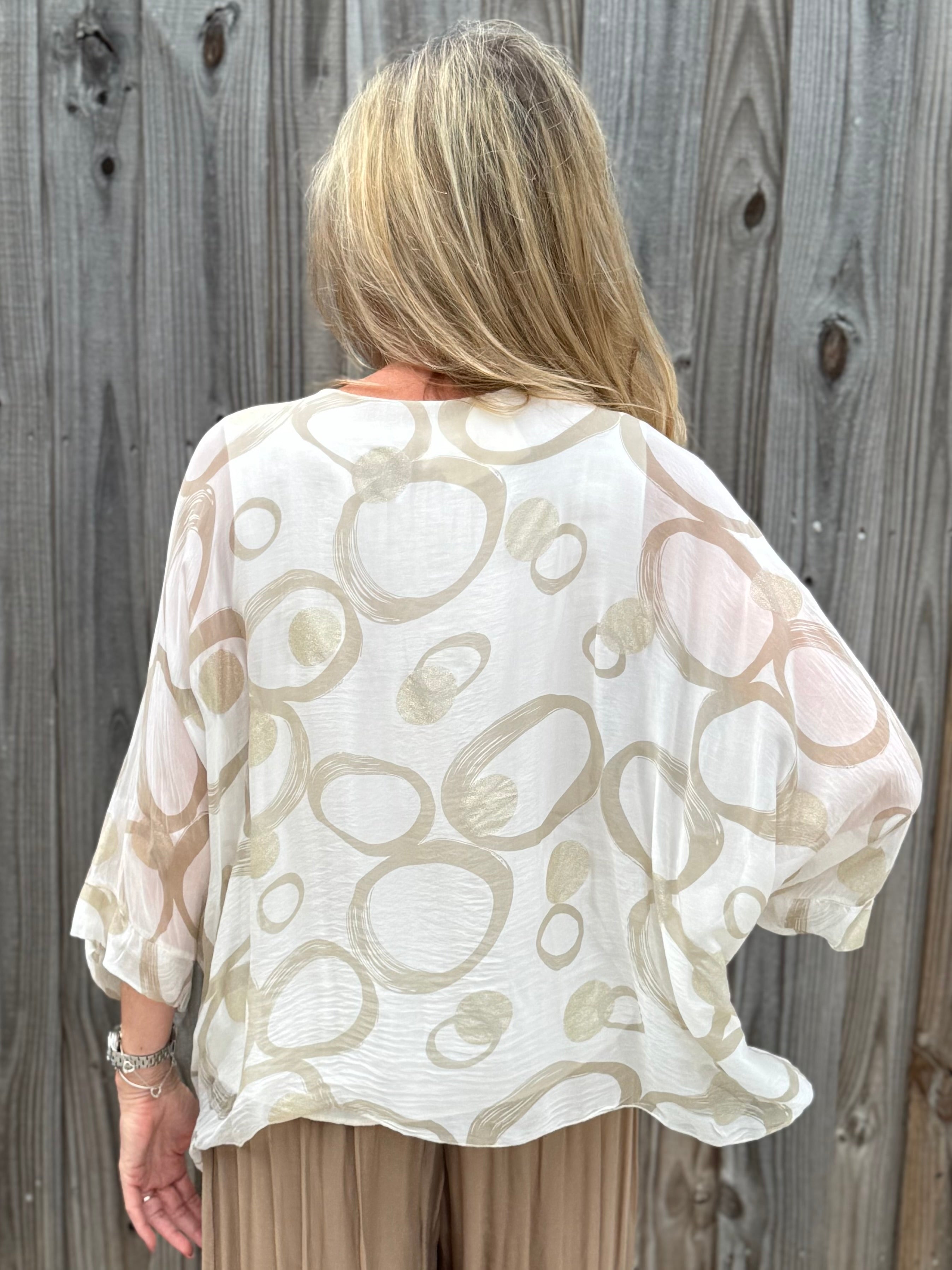 Silk Circles Kaftan in beige at ooh la la! in Grapevine TX 76051
