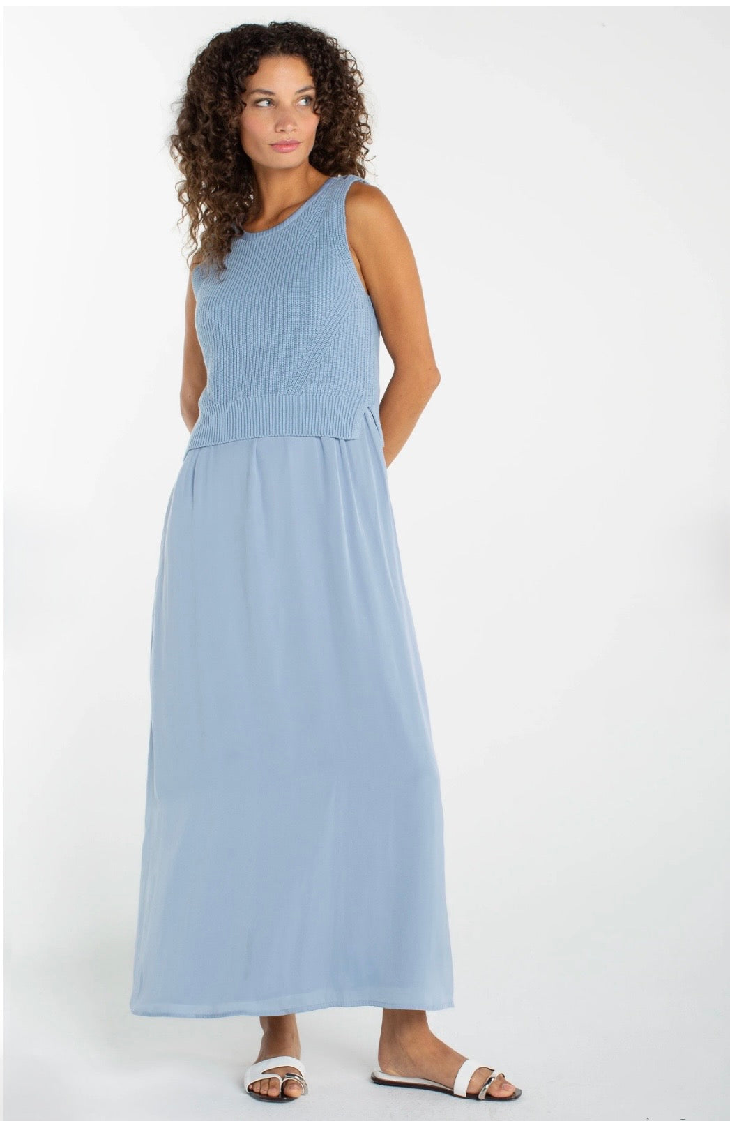 Liverpool Sleeveless Tie Back Sweater Woven Dress in malibu blue at Ooh La La! in Grapevine TX 76051