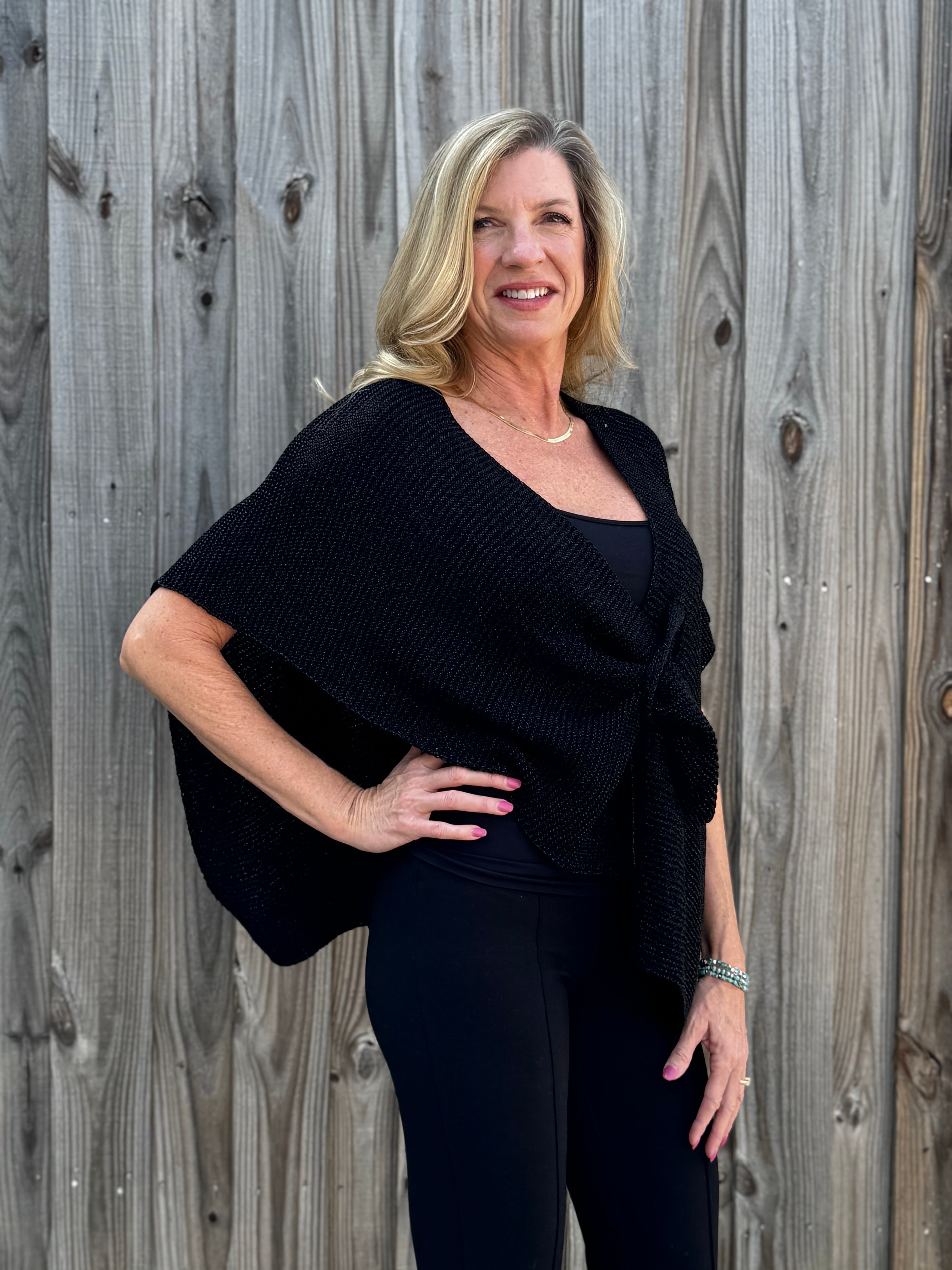 Ribbed Knit Wrap with Tab in black at ooh la la! in Grapevine TX 76051
