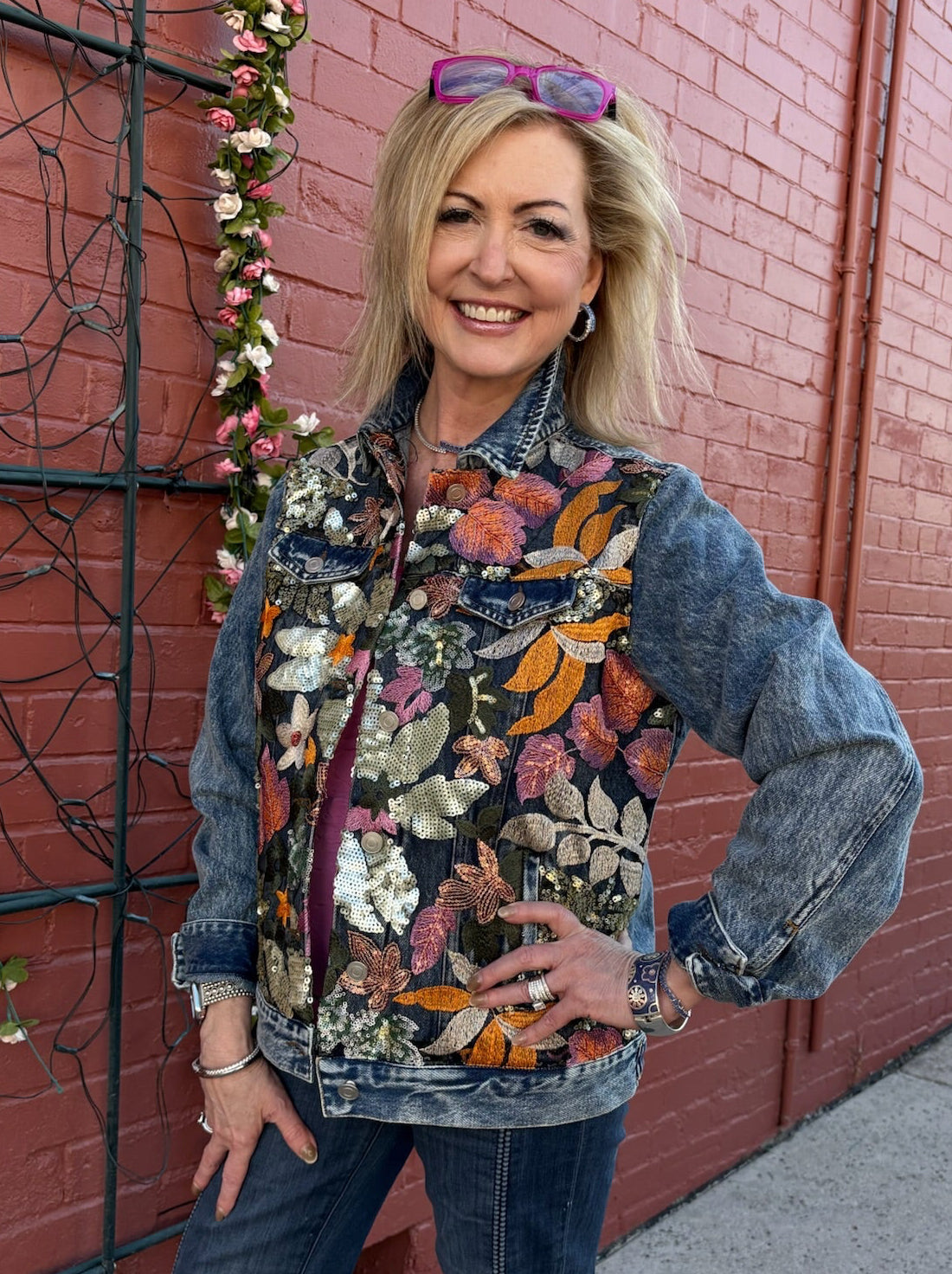 Embroidered Floral Sequin Denim Jacket at ooh la la! in Grapevine TX 76051