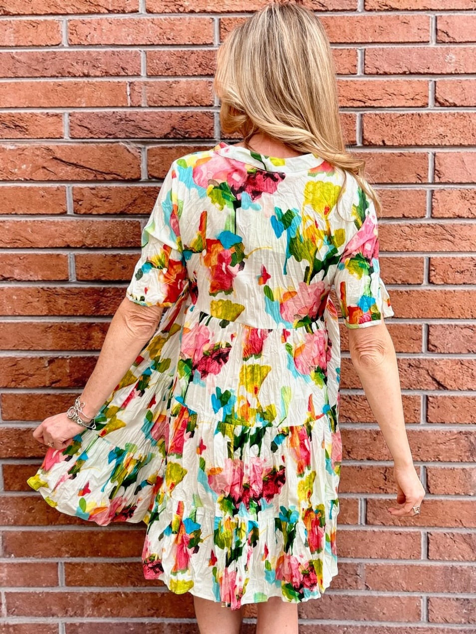 Organic cotton dress, floral shirt dress, tiered summer dress, Dress Addict, crinkle cotton dress, sustainable fashion, abstract floral print, summer dresses with pockets. at ooh la la! in Grapevine TX 76051