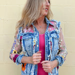 Adore Denim Jacket Inset with Floral Appliqued Mesh at ooh la la! in Grapevine TX 76051