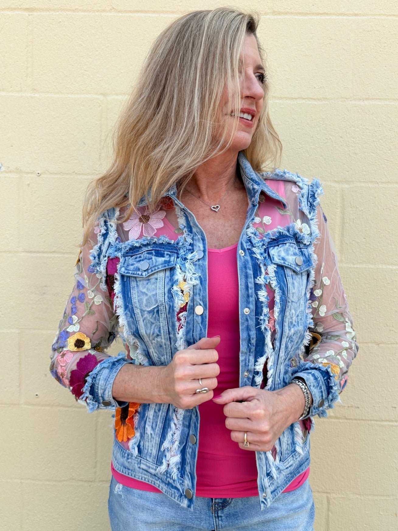 Adore Denim Jacket Inset with Floral Appliqued Mesh at ooh la la! in Grapevine TX 76051