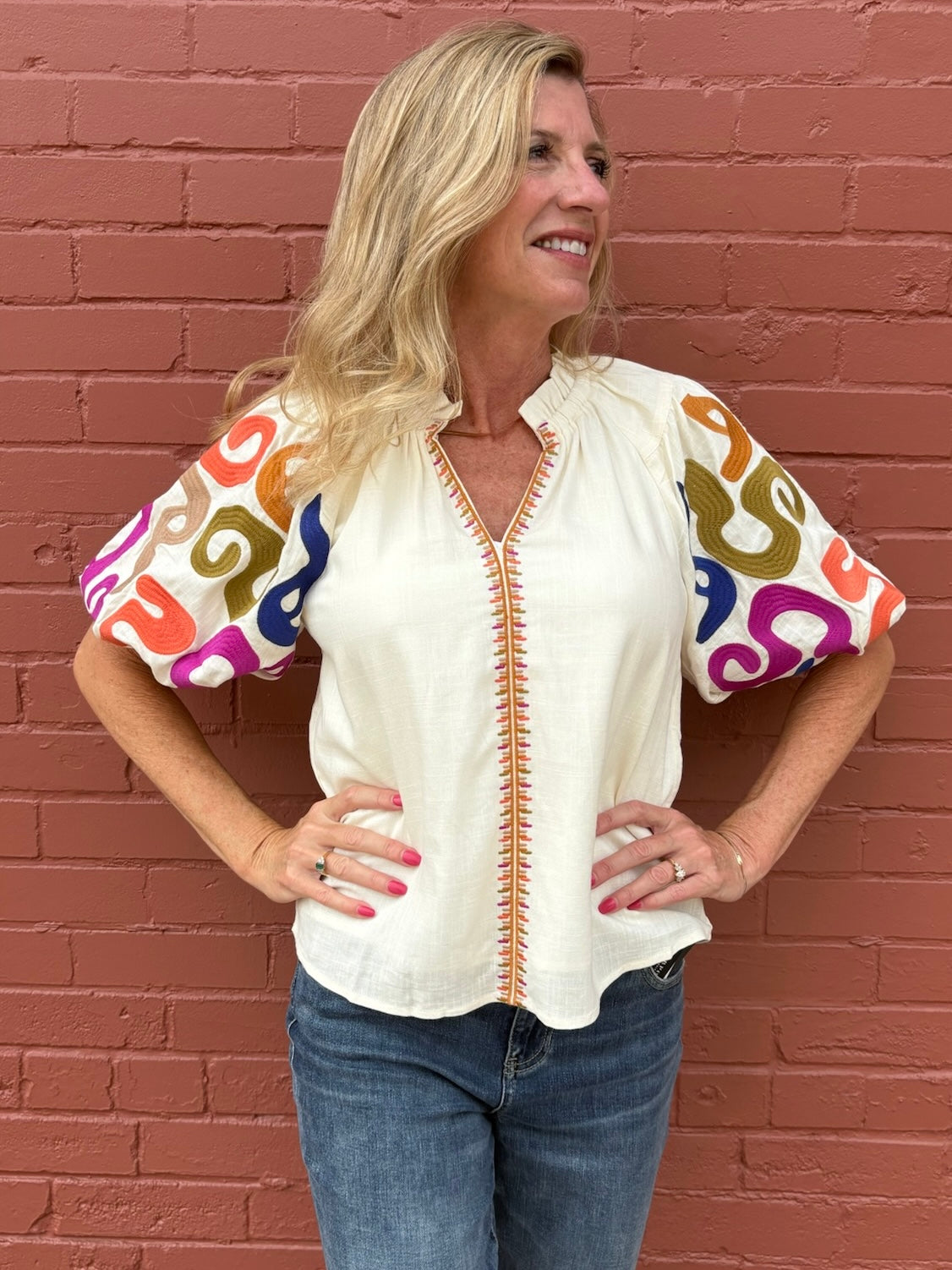 THML Embroidered Puff Sleeve V-Neck Top at Ooh La La! in Grapevine TX 76051