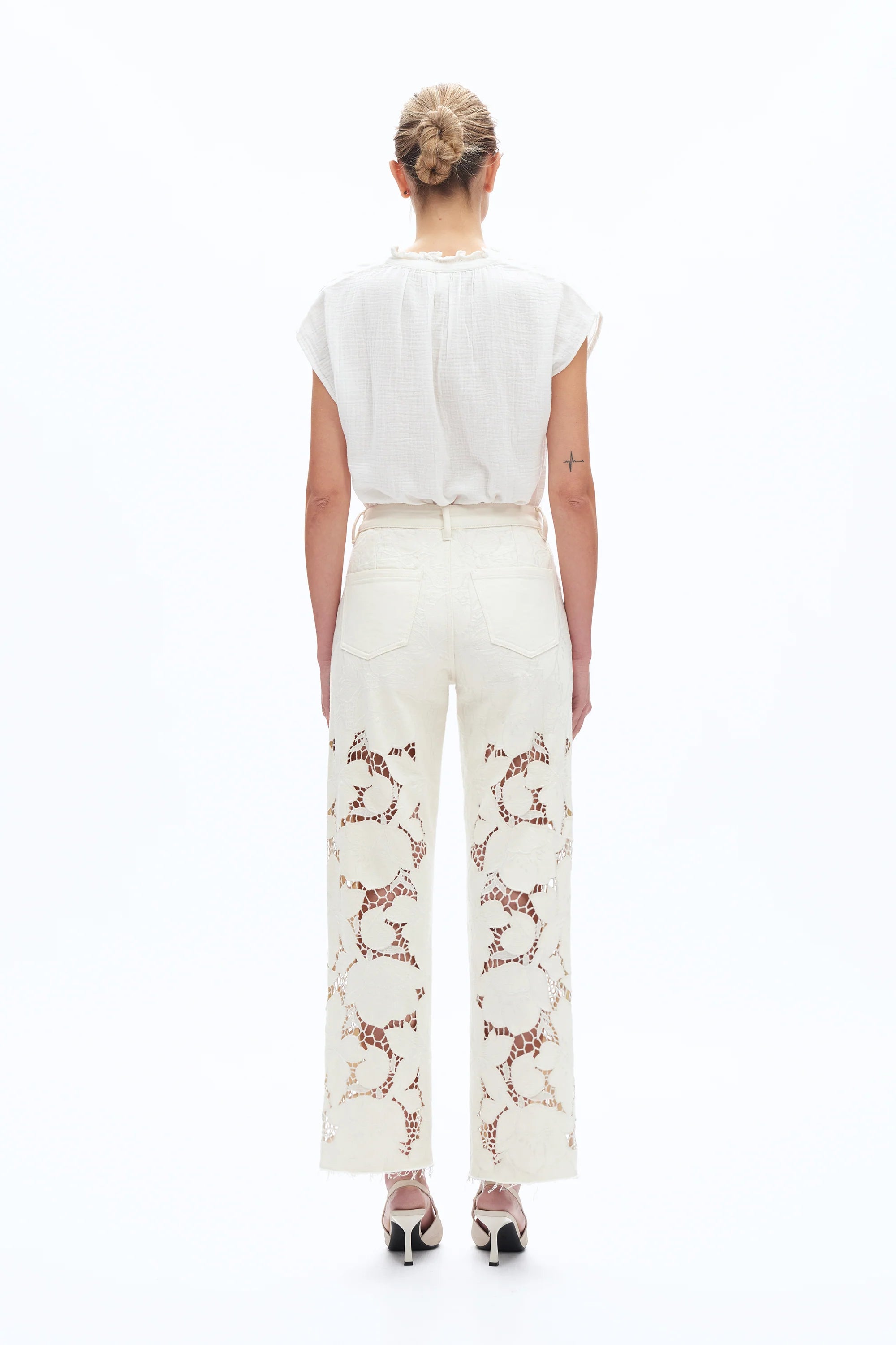 off white floral cutout jeans, embroidered straight leg pants, women's cream denim, high rise relaxed jeans, boho lace pants, luxury embroidered denim, off white floral trousers at ooh la la in Grapevine TX 76051