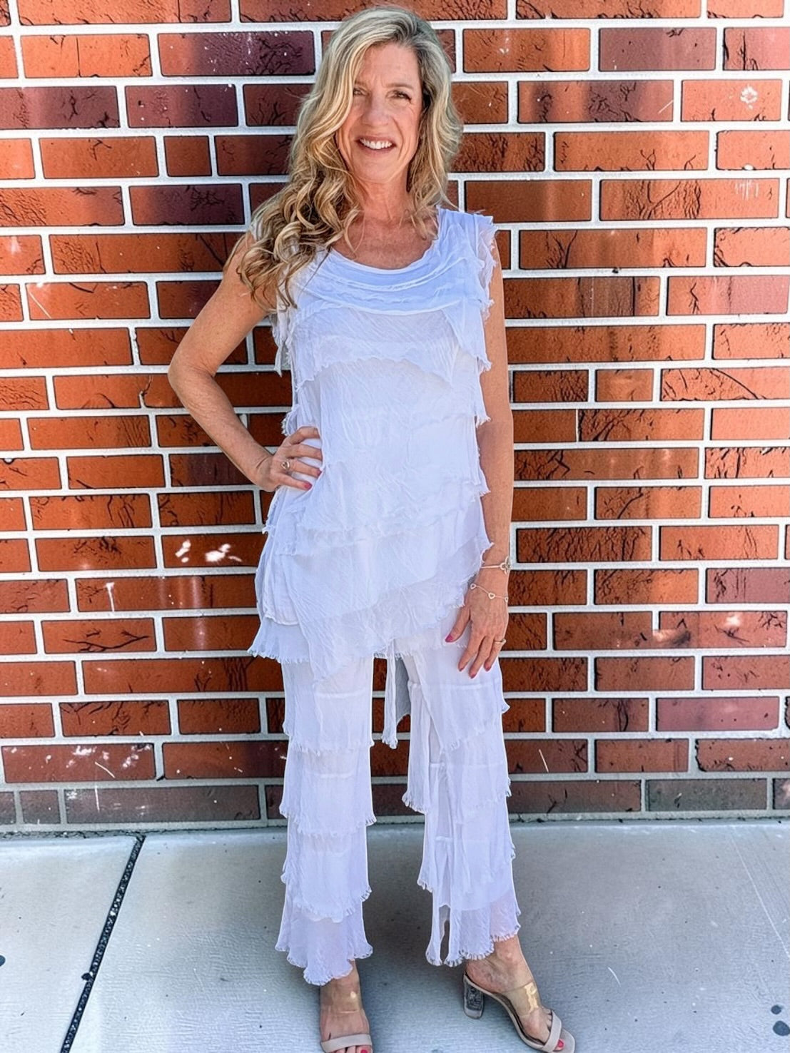 Made in Italy Silk Ruffle Pants in White at ooh la la! in Grapevine TX 76051