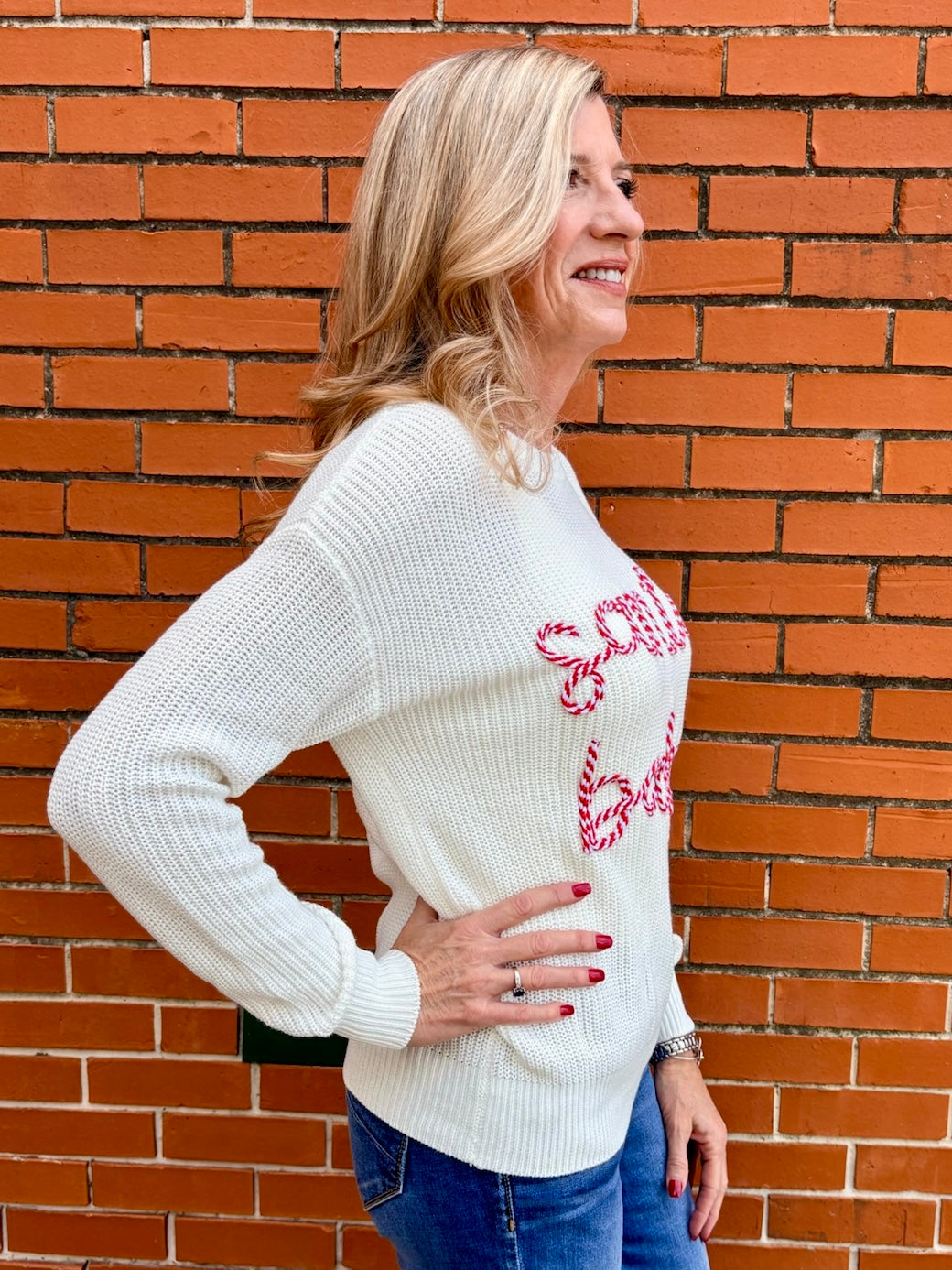 Simply Southern Santa Baby Embroidered Pullover Sweater in white at ooh la la! in Grapevine TX 76051