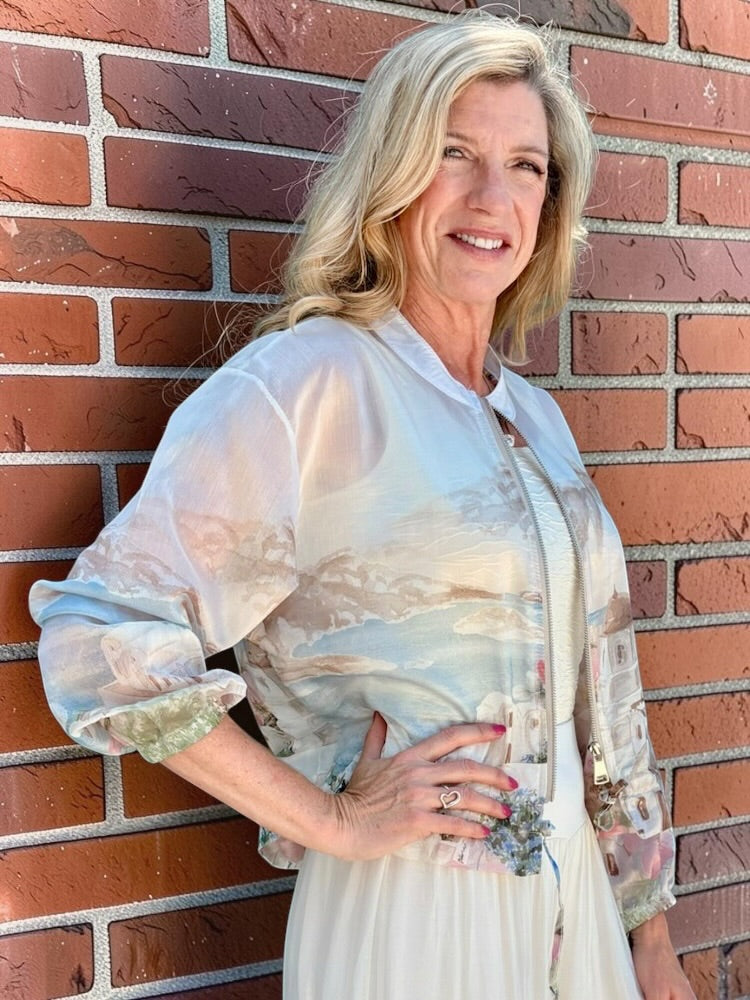 Santorini Print Sheer Bomber Jacket in beige at ooh la la! in Grapevine TX 76051