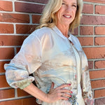 Santorini Print Sheer Bomber Jacket in beige at ooh la la! in Grapevine TX 76051