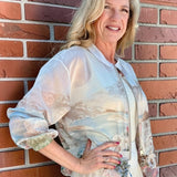 Santorini Print Sheer Bomber Jacket in beige at ooh la la! in Grapevine TX 76051