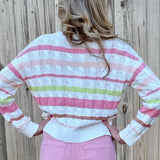 Stripe Pullover Cable Knit Cotton Sweater