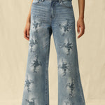 Bayeas High Rise Embroidered Embellished Wide Leg Jeans in light blue at ooh la la! in Grapevine TX 76051
