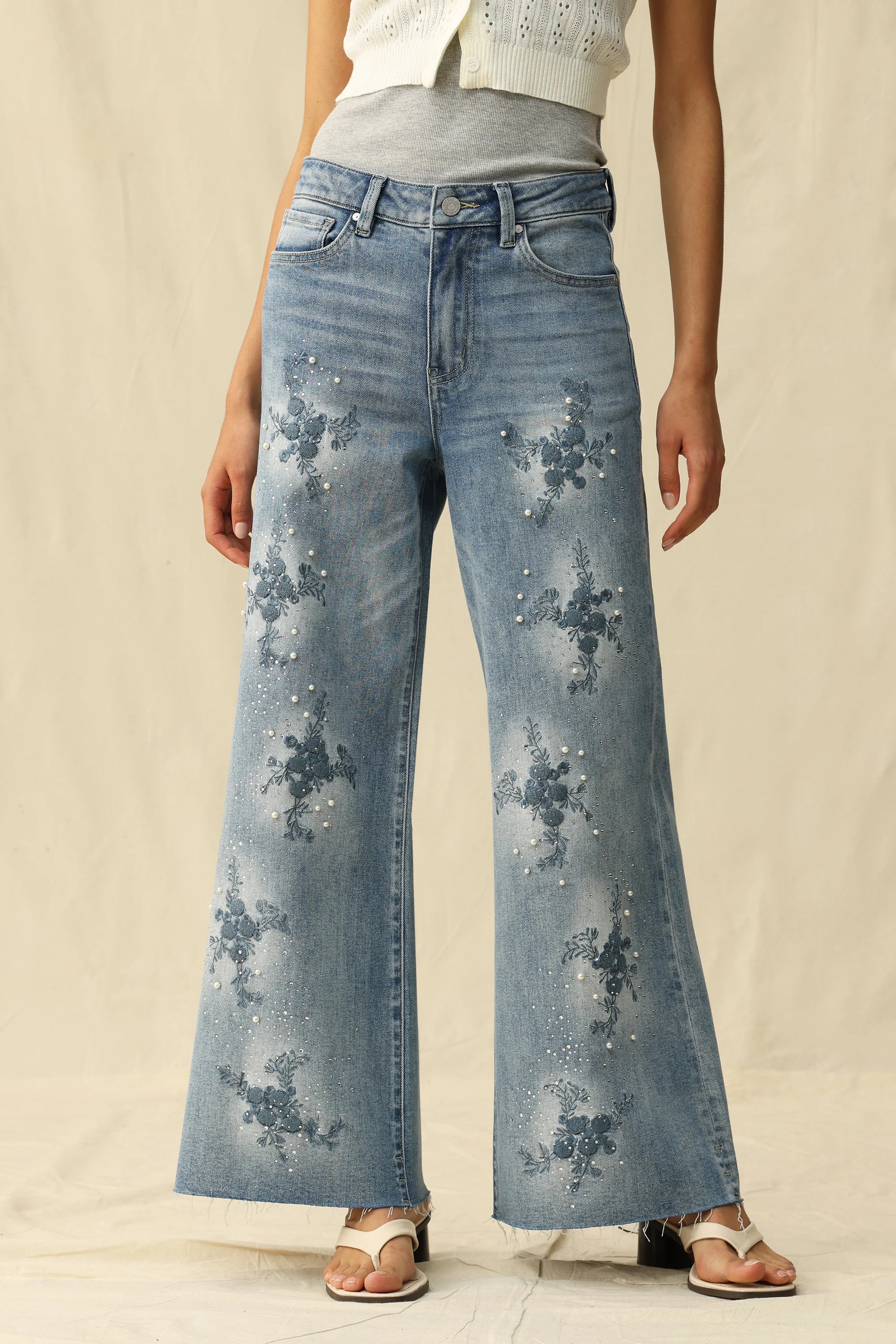 Bayeas High Rise Embroidered Embellished Wide Leg Jeans in light blue at ooh la la! in Grapevine TX 76051