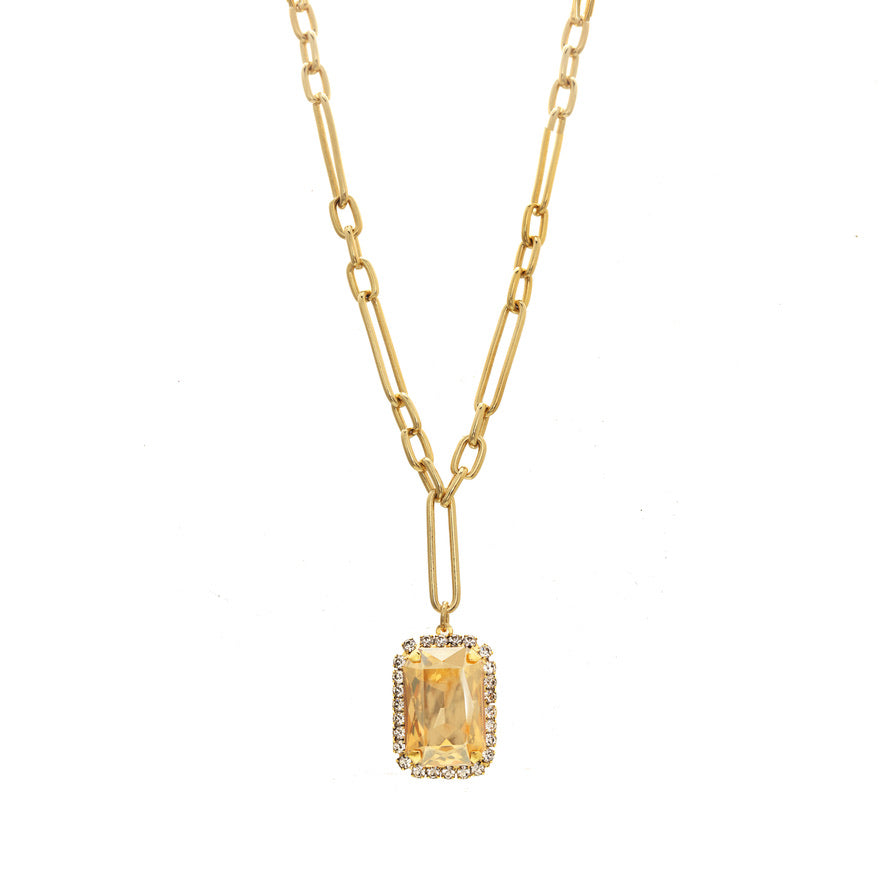 TOVA Mini Soleil Necklace in golden shadow with paperclip chain and rectangular crystal pendant