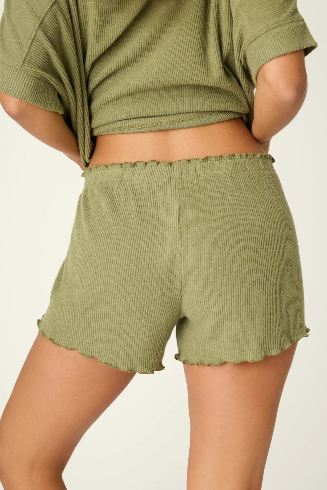 PJ Salvage Rib Knit Lounge Shorts in Heather Dark Olive at ooh la la! in Grapevine TX 76051